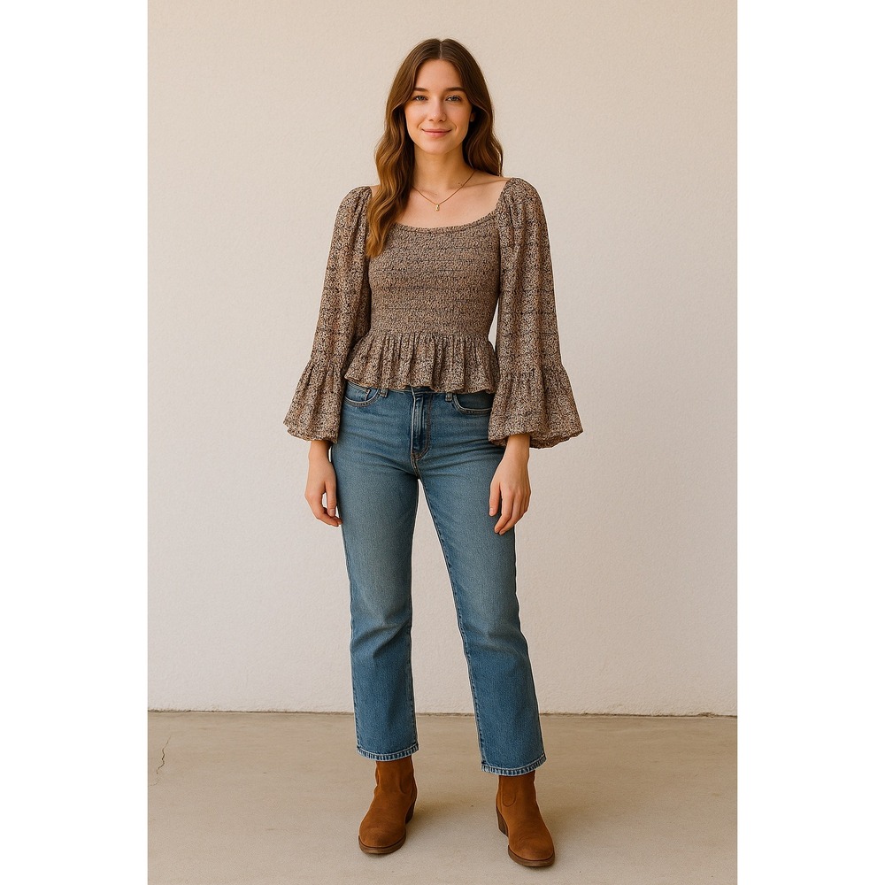 Brown Smocked Peplum Blouse with Bell Sleeves
